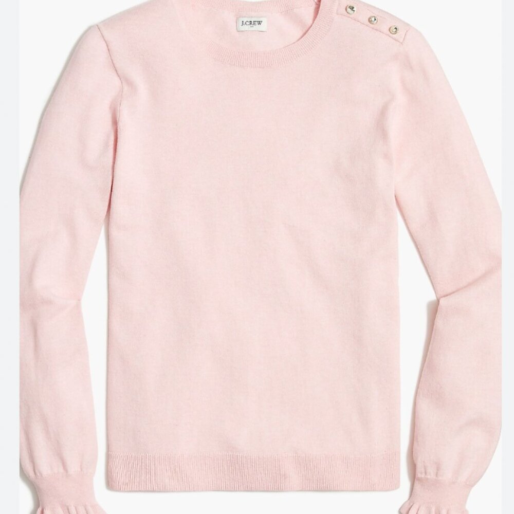 J. Crew Ruffle Rhinestone Crew Neck Sweater in Powder Pink Preppy Size Small